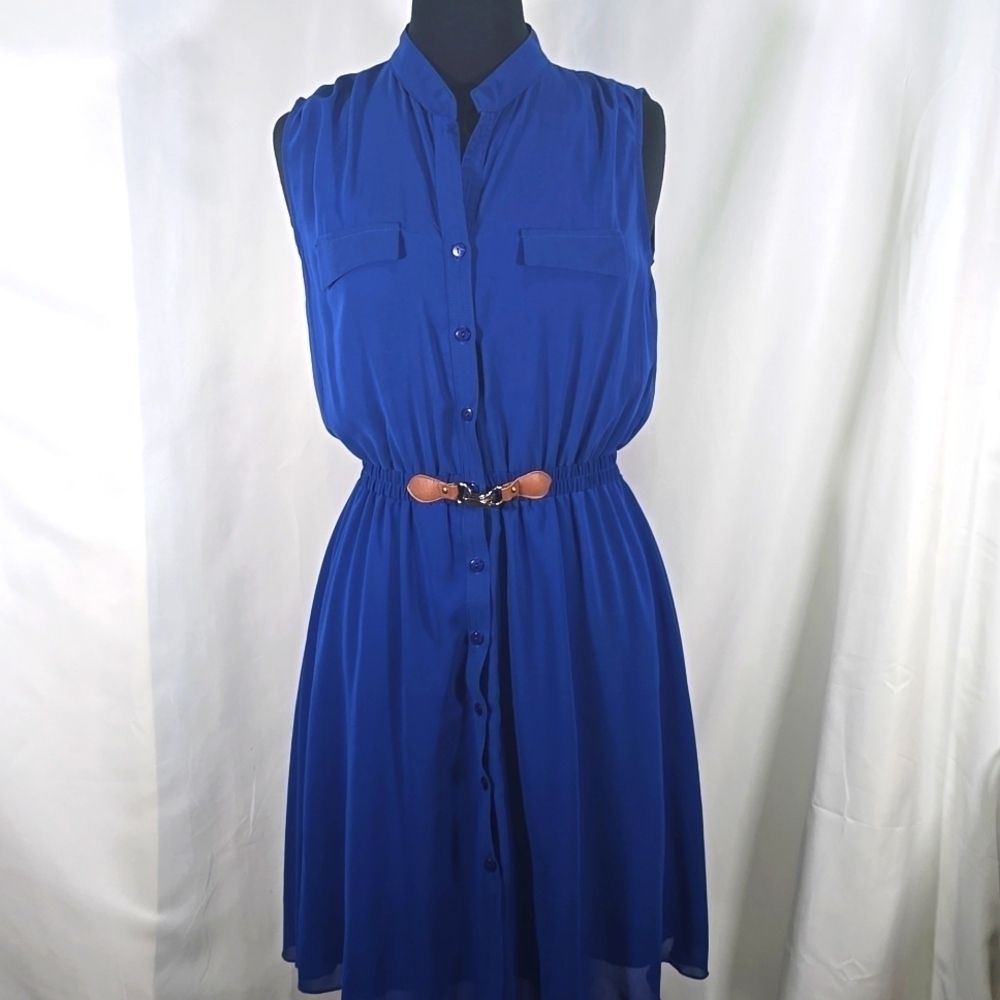 NWT RnB 2ply Sheer Top Sleeveless Belted Button Down Dress Royal Blue